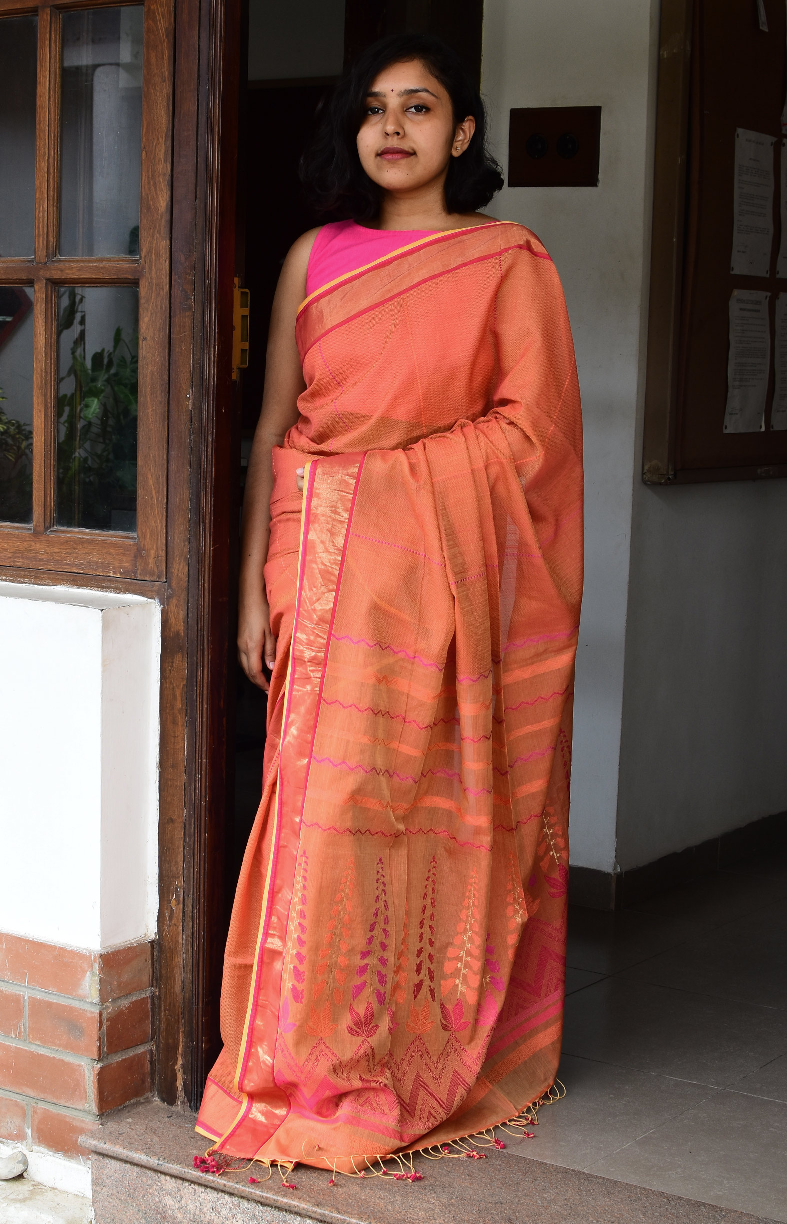 Orange, Handwoven Organic Cotton, Textured Weave , Jacquard, Work Wear, Jari, Striped Saree